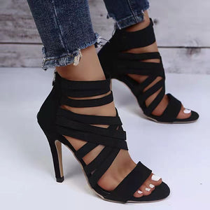Women black high heels peep toe hollow stiletto heels with back zipper