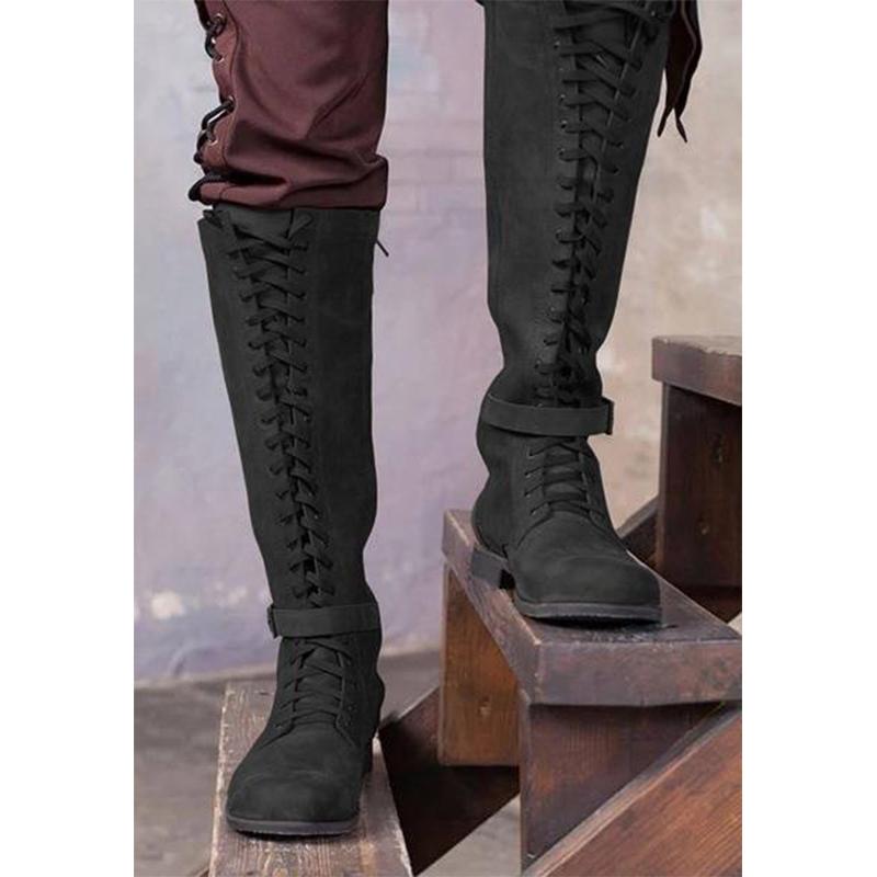 Women lace up buckle strap chunk heel knee high boots