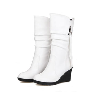 Women mid calf side zipper high heel wedge boots