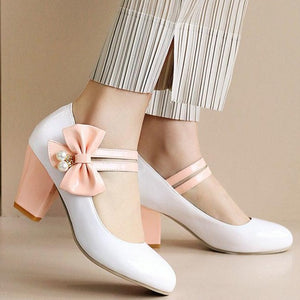 Women bowknot rhinestone strap closed toe slip on chunky heels