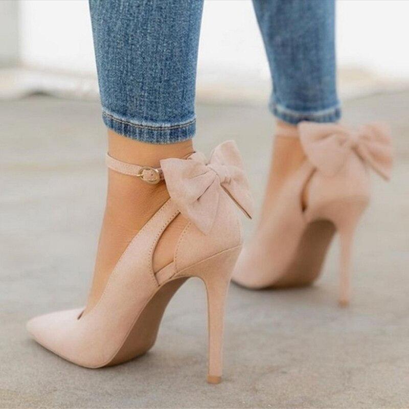 Women cute back bowknot ankle strap pointed toe stiletto heels