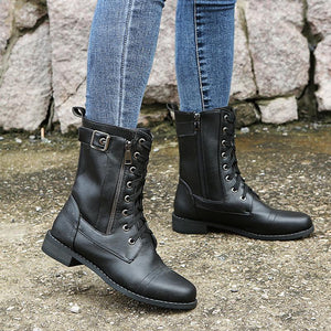 Women flat heel criss cross lace up fashion mid calf boots