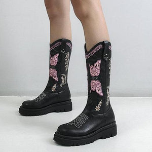 Women platform embroidered butterfly mid calf retro cowboy boots