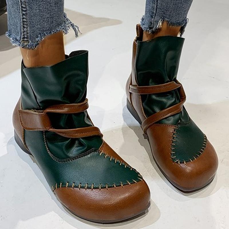 Women color block stitching magic tape low heel booties