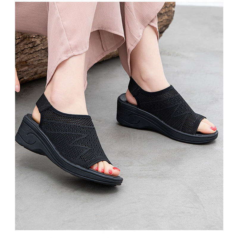 Women knit hollow peep toe minimalist beach casual wedge sandals