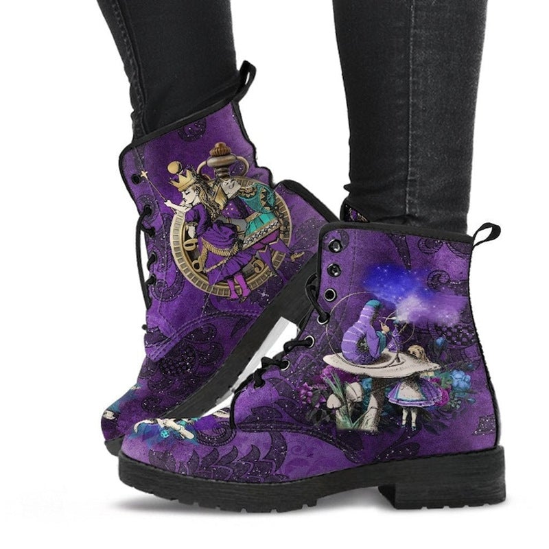 Women lace up purple short catoon print cute boots