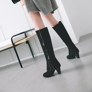 Women new fashion side zipper chunky heel knee high boots