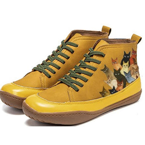 Women cute cat printed lace up flat ankle boots