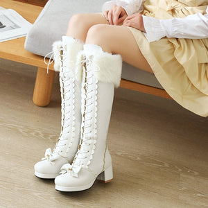 Women chunky heel platform bowknot lace up knee high boots