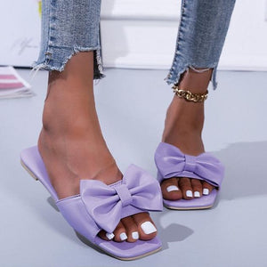 Women bow square open toe flat slide sandals