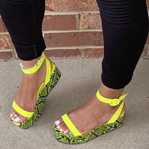 Women snakeskin ankle strap slip on platform sandals
