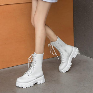 Women mid calf lace up chuny platform boots