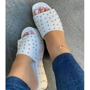 Women studded peep toe slide chunky platform sandals