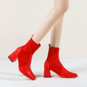 Women solid color chunky high heel short square toed boots