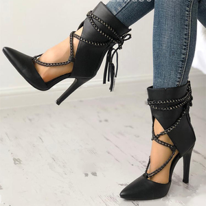 Women pointed toe hollow criss cross strappy fringe stiletto black heels