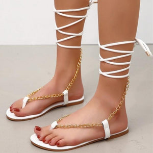 Women summer fashion chain strap lace up flat sandals