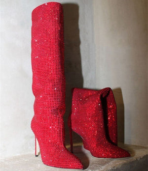 Women knee high pointed toe stiletto fashion rhinestone boots