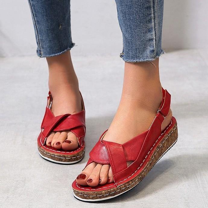 Women peep toe stitching ankle strap chunky heel flatform sandals