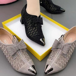 Women sequin pointed toe rhinestone bowknot ankle chunky heels