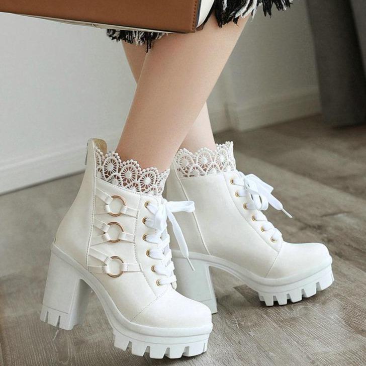 Women ankle flower hollow chunky heel platform lace up boots