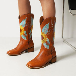 Women mid calf chunky heel embroidered flower brown boots