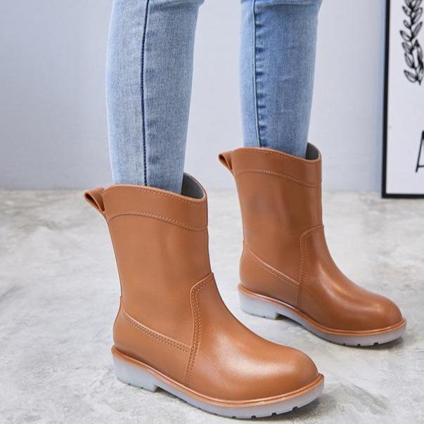 Women mid calf low heel antiskid slip on rain boots