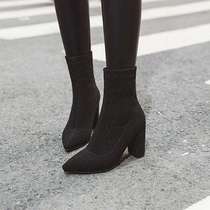 Women pointed toe elastic slip on chunky high heeled booties