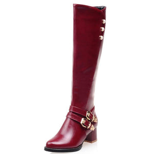 Women chunky heel buckle strap rhinestone knee high boots