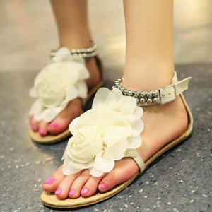 Women flower rhinestone ankle strap slip on flat sandals