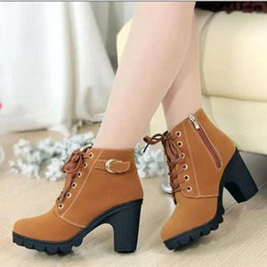 Women fashion buckle strap lace up chunky heeled booties