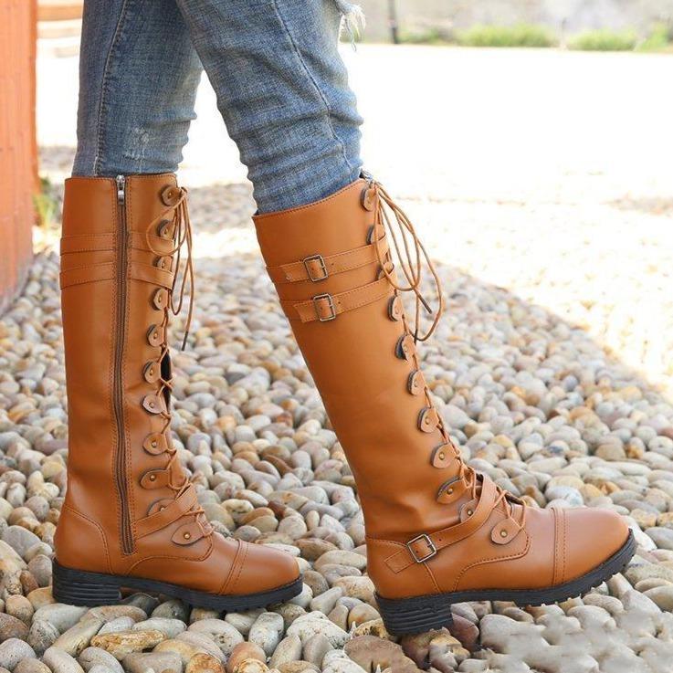 Women buckle strap criss cross lace up knee high boots