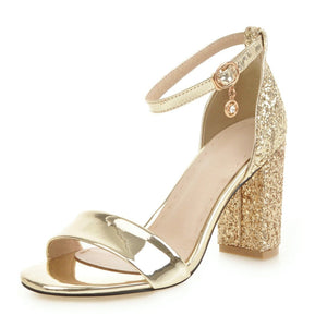 Women peep toe buckle strap pendant glitter high chunky heels