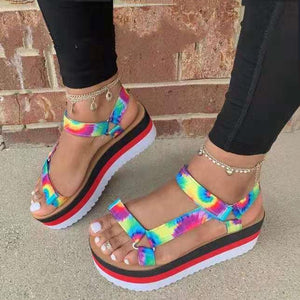 Women chunky colorful ankle strap magic tape platform sandals