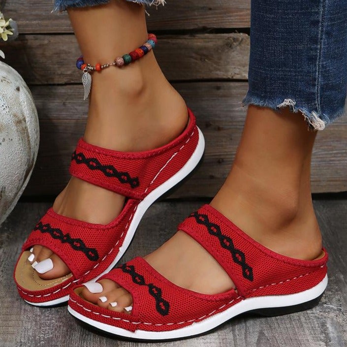 Women embroidered two strap peep toe slide sandals