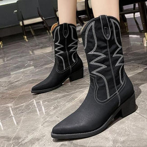 Women retro embroidered chunky heel pointed toe cowboy boots