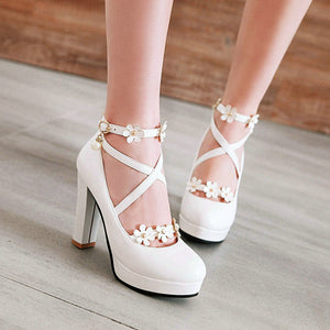 Women criss cross flower strap platform heels ankle strap chunky high heels