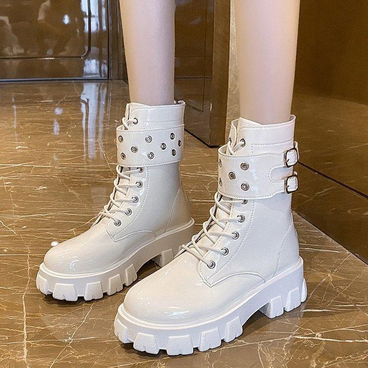 Women buckle strap lace up chunky platform motorcycle boots