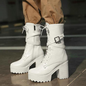 Women chunky heel platform lace up buckle strap combat boots