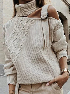 Long Sleeve One Shoulder Casual Turtleneck Sweater