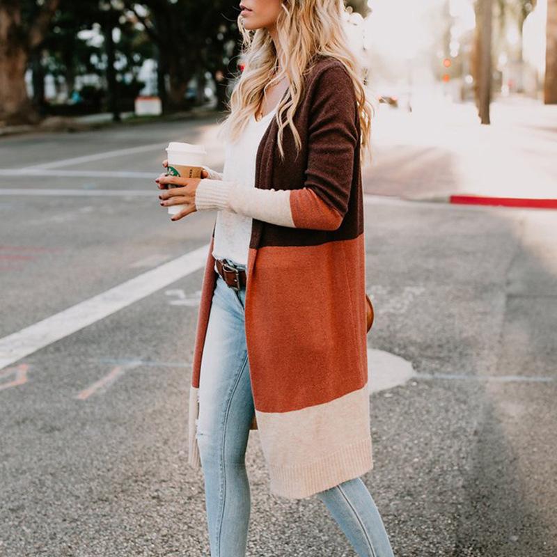 Women Striped Color Block Long Cardigan