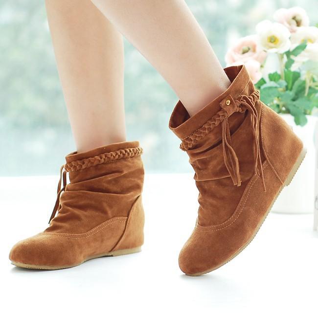 Women short woven strap fringed slip on flat boots