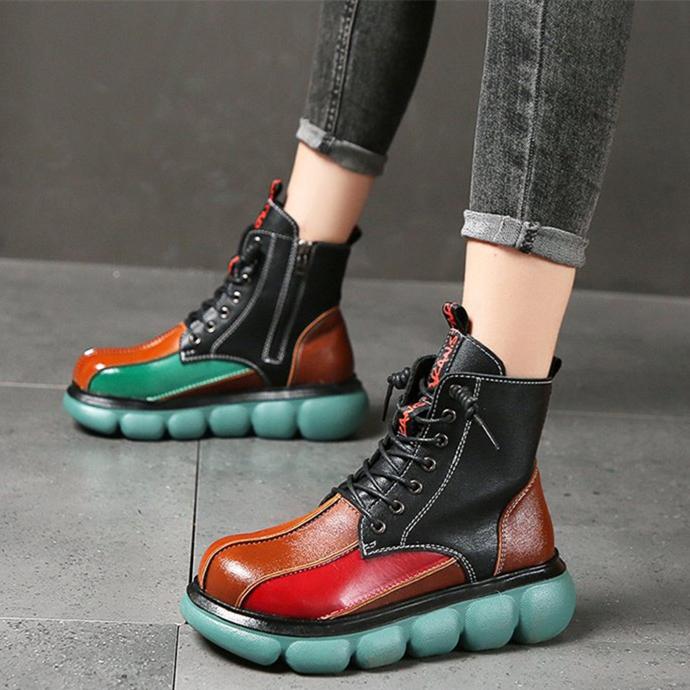 Women color block lace up short chunky platform boots