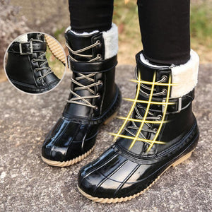 Women highcut plush buckle strap lace up duck boots