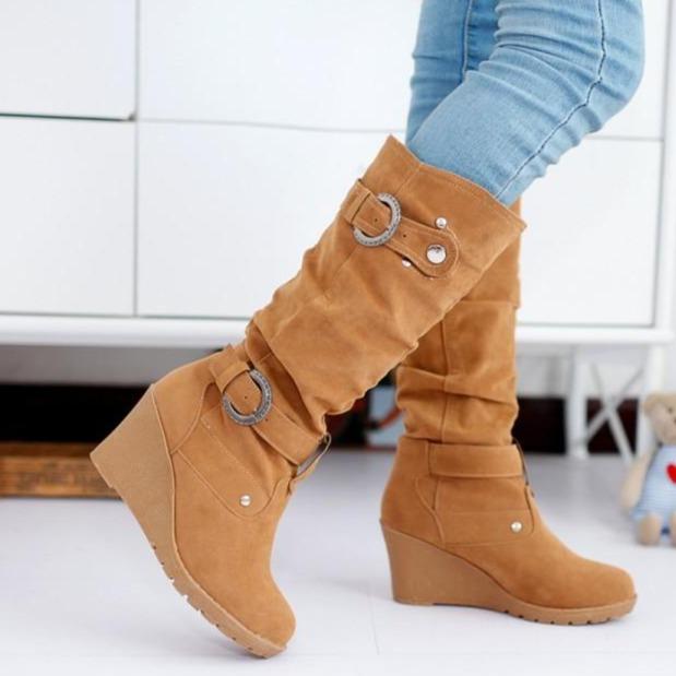 Women buckle strap slip on wedge mid calf boots