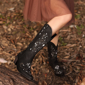 Women chunky heel studded hollow flowers mid calf boots