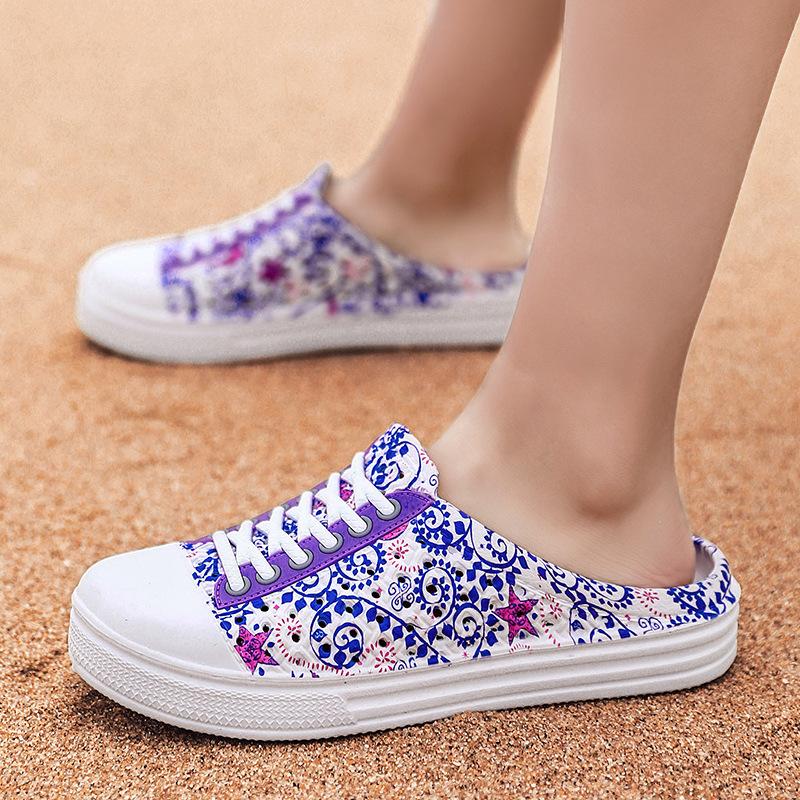 Women summer flower printed lace up slides shoes