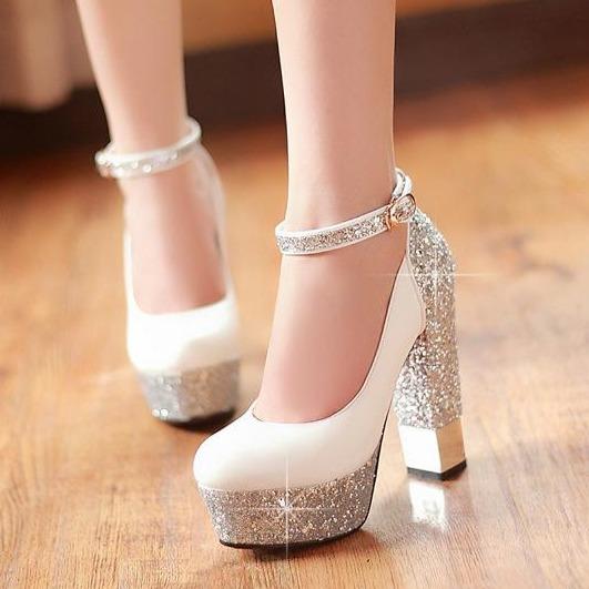 Women sexy glitter ankle strap platform chunky high heels