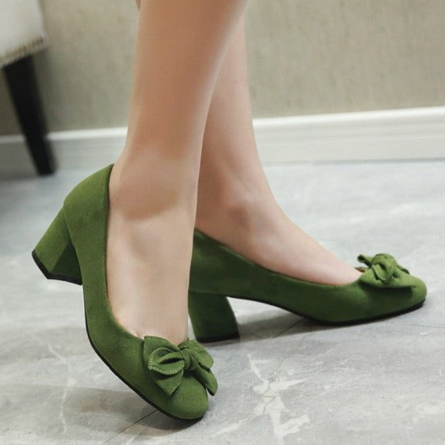 Women cute bowknot square toe slip on chunky heels