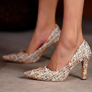 Women sexy woven pointed toe shallow slip on stiletto heels