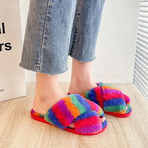 Women's rainbow cirss peep toe slippers indoors shoes